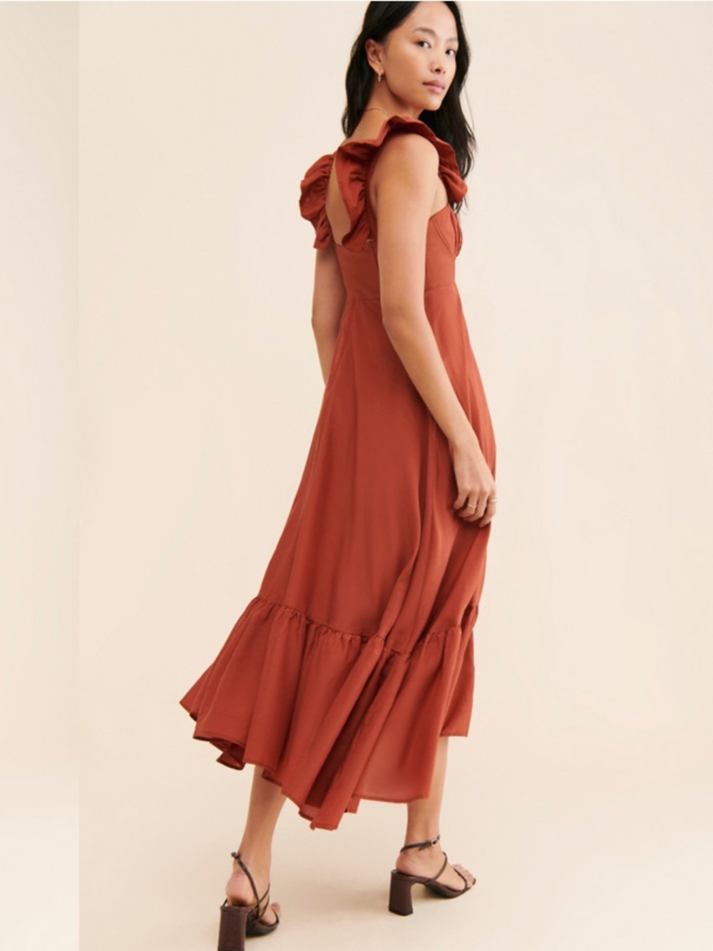 Farm Rio Ruffle-Sleeve Rust Midi Dress - Picture 3 of 14